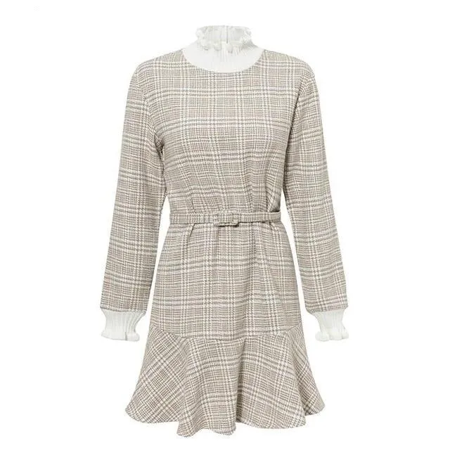 Elegant Plaid Turtleneck Knitted Short Ruffle Sashes Vintage Autumn Office Dress