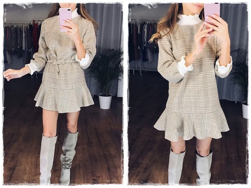 Elegant Plaid Turtleneck Knitted Short Ruffle Sashes Vintage Autumn Office Dress