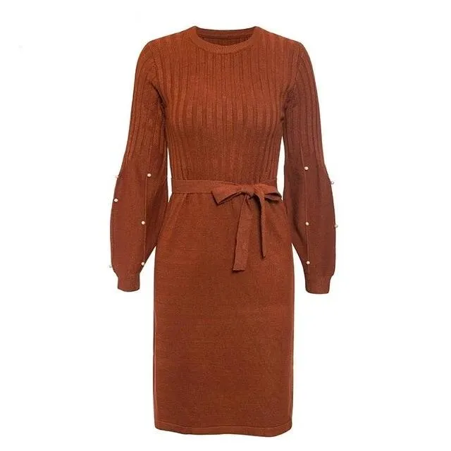 Elegant Sash Belt Sweater O-neck Pearl Lantern Sleeve Knitted Autumn Winter Jumper Pink Dress