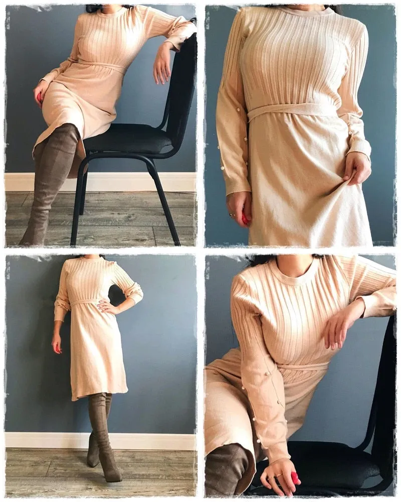 Elegant Sash Belt Sweater O-neck Pearl Lantern Sleeve Knitted Autumn Winter Jumper Pink Dress