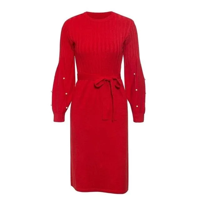 Elegant Sash Belt Sweater O-neck Pearl Lantern Sleeve Knitted Autumn Winter Jumper Pink Dress