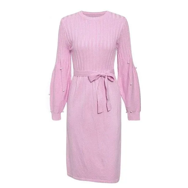 Elegant Sash Belt Sweater O-neck Pearl Lantern Sleeve Knitted Autumn Winter Jumper Pink Dress