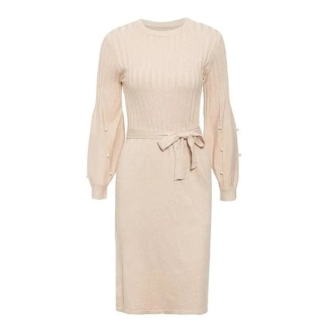 Elegant Sash Belt Sweater O-neck Pearl Lantern Sleeve Knitted Autumn Winter Jumper Pink Dress