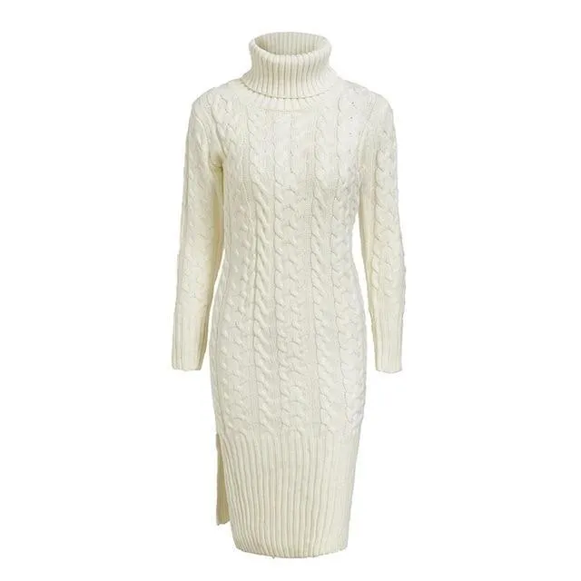 Elegant Side Split Warm Long Sleeve Turtleneck Dress