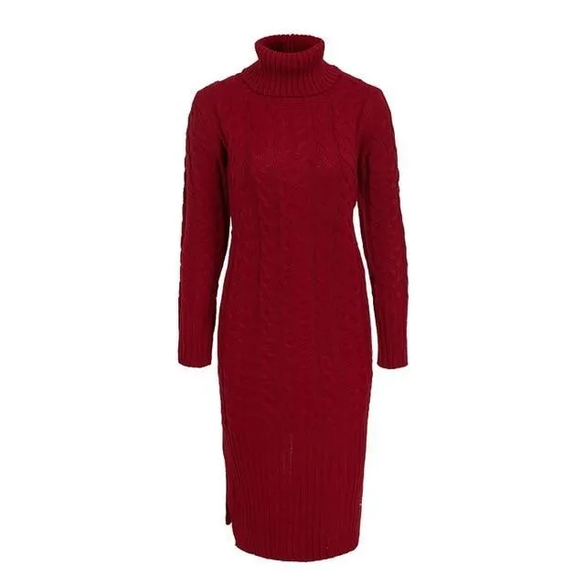 Elegant Side Split Warm Long Sleeve Turtleneck Dress