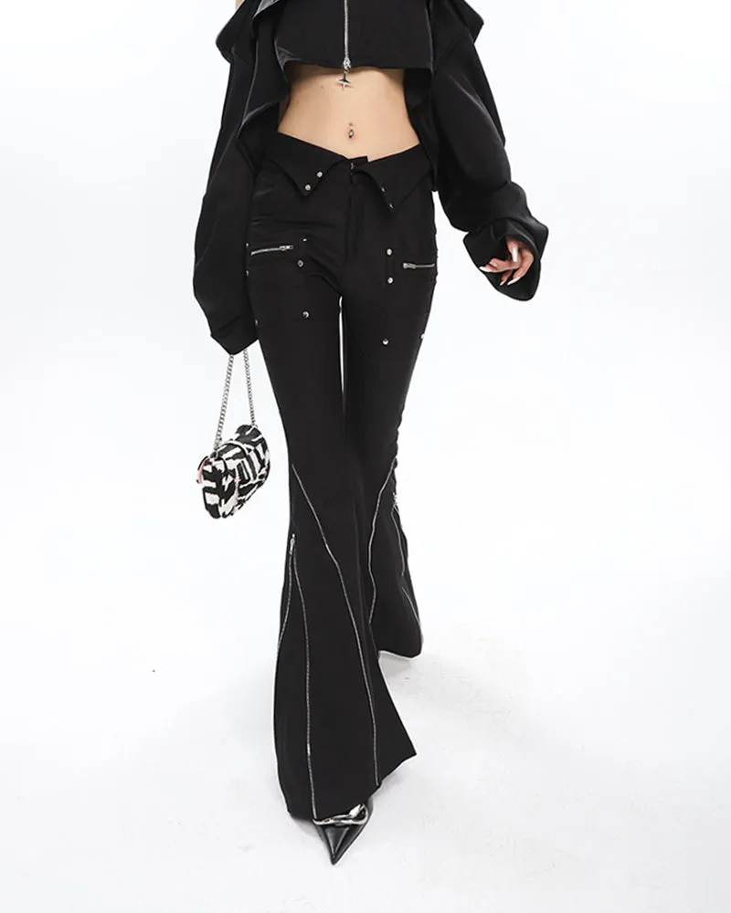 Eline Solid Color Black Metal Multi-Zipper Slim Flared High Waist Pants