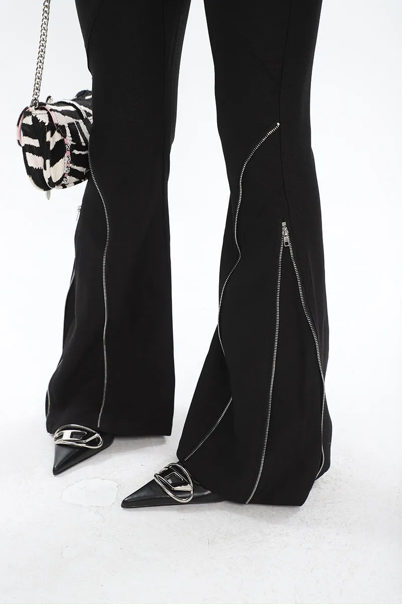 Eline Solid Color Black Metal Multi-Zipper Slim Flared High Waist Pants