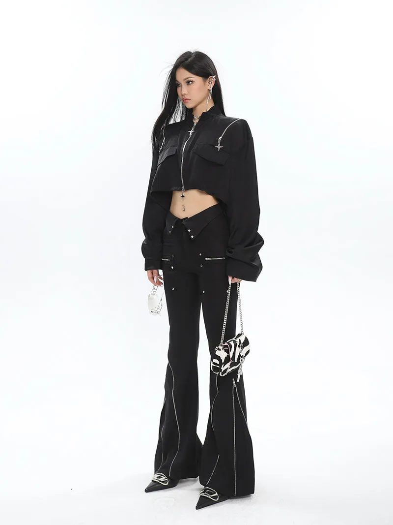 Eline Solid Color Black Metal Multi-Zipper Slim Flared High Waist Pants