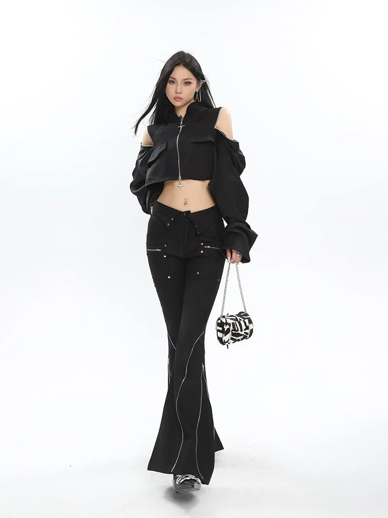 Eline Solid Color Black Metal Multi-Zipper Slim Flared High Waist Pants