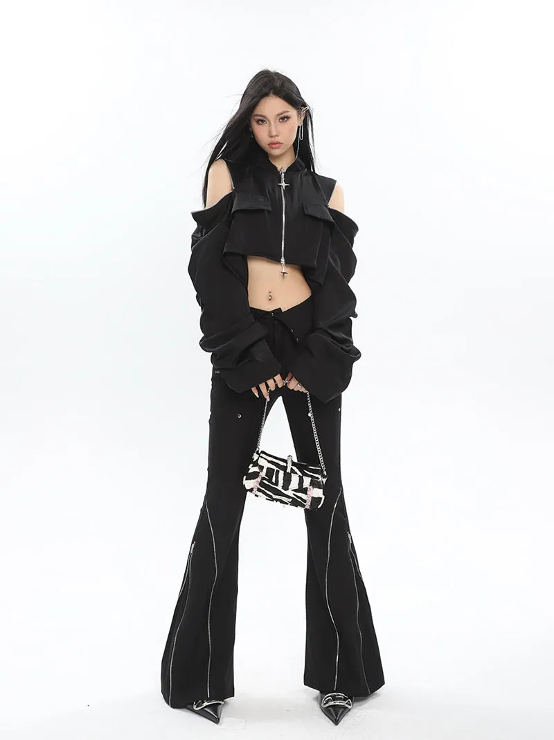 Eline Solid Color Black Metal Multi-Zipper Slim Flared High Waist Pants