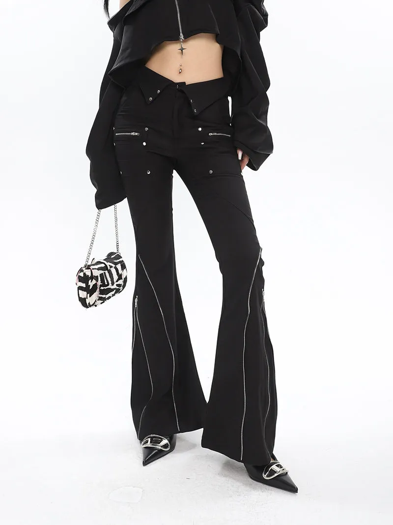 Eline Solid Color Black Metal Multi-Zipper Slim Flared High Waist Pants