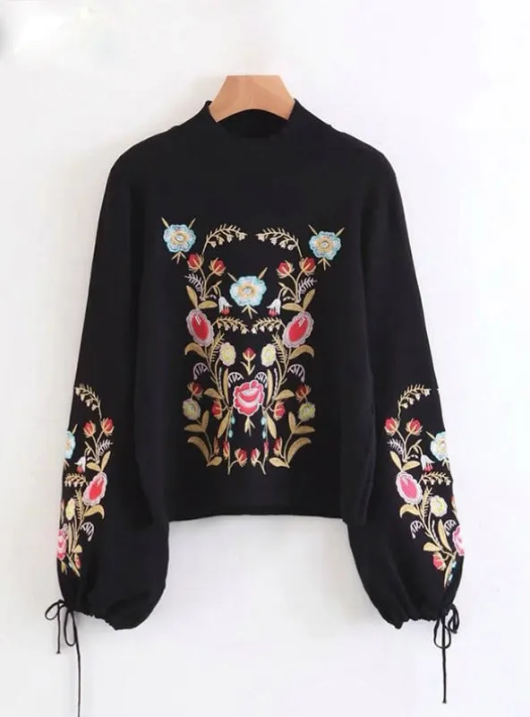 Embroidery Lace Up Knitted Sweater Women Autumn