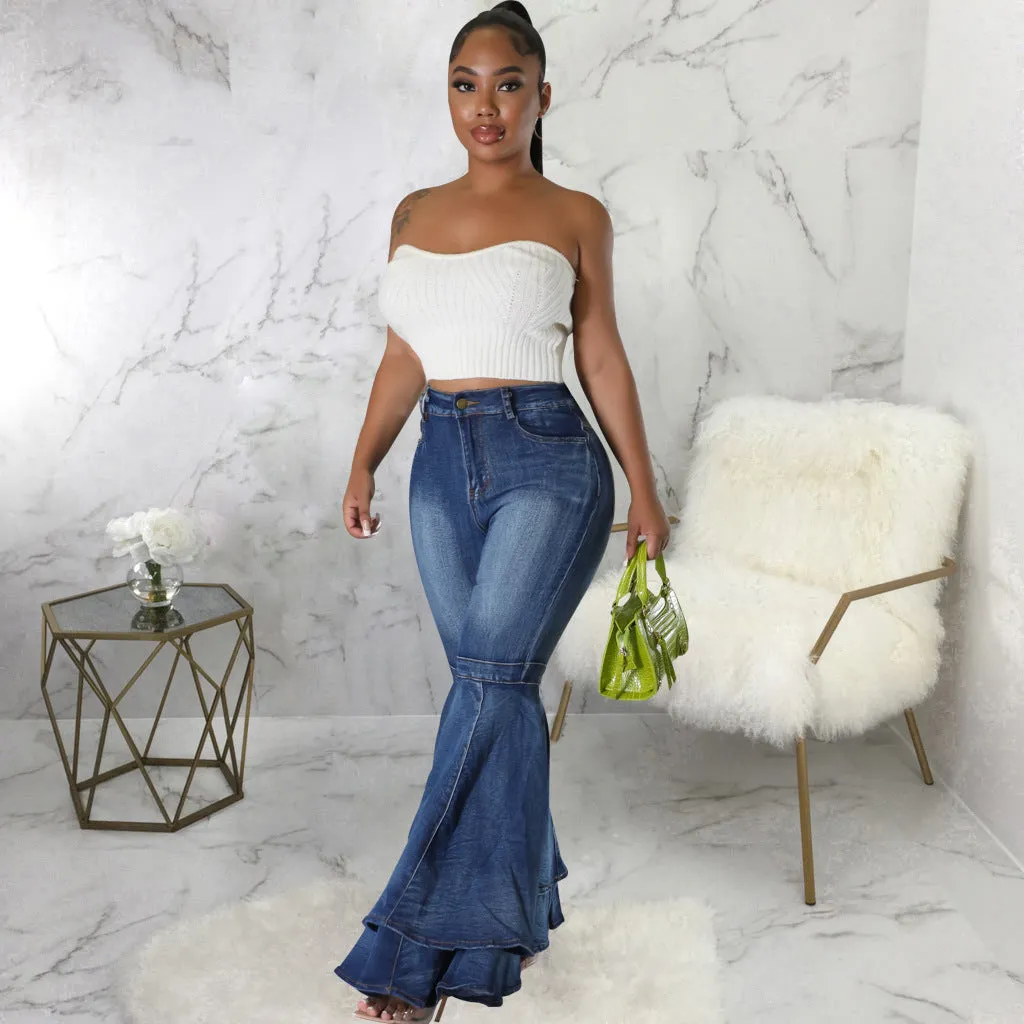 Fashion wide leg washed jeans stretch flared pants AY2645