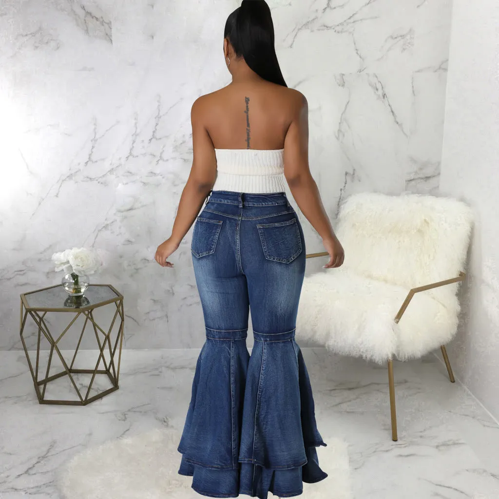 Fashion wide leg washed jeans stretch flared pants AY2645