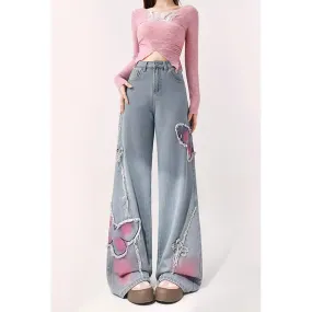 Fashionkova fall outfits aesthetic Hong Kong Style Trendy Men's Summer New 2024 Personality Butterfly Jeans Hip Hop Ins Trendy High Street Trendy Ruan Handsome Trousers