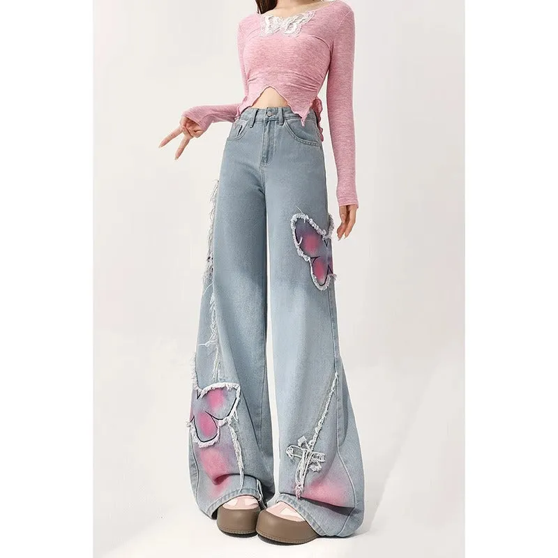 Fashionkova fall outfits aesthetic Hong Kong Style Trendy Men's Summer New 2024 Personality Butterfly Jeans Hip Hop Ins Trendy High Street Trendy Ruan Handsome Trousers