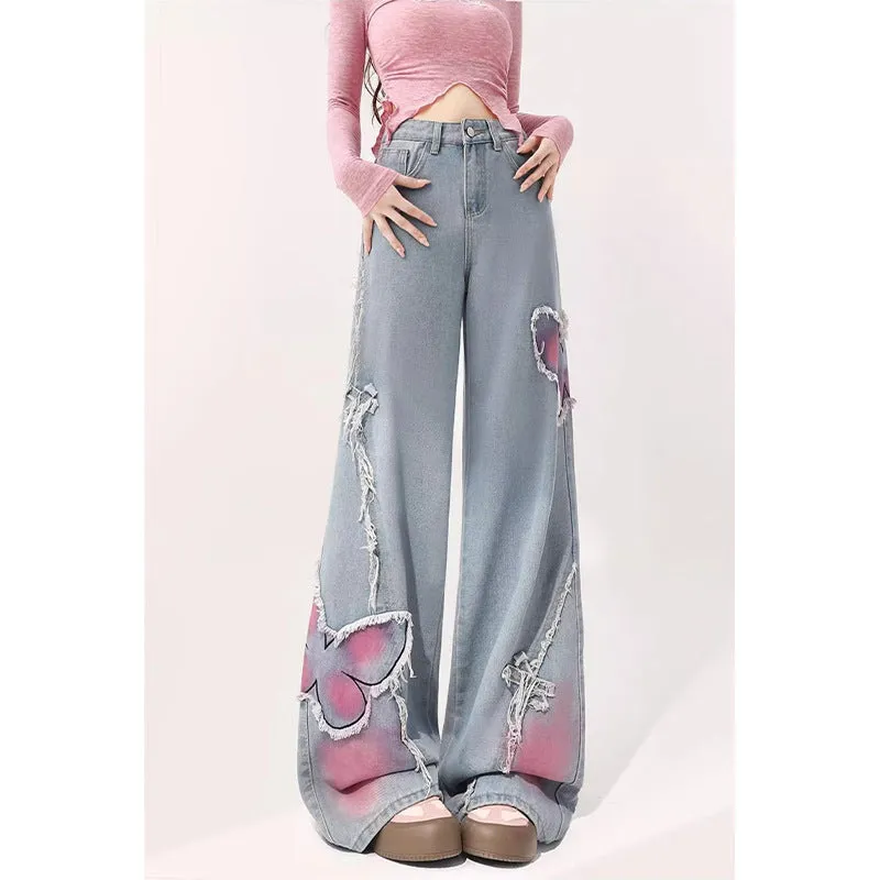 Fashionkova fall outfits aesthetic Hong Kong Style Trendy Men's Summer New 2024 Personality Butterfly Jeans Hip Hop Ins Trendy High Street Trendy Ruan Handsome Trousers