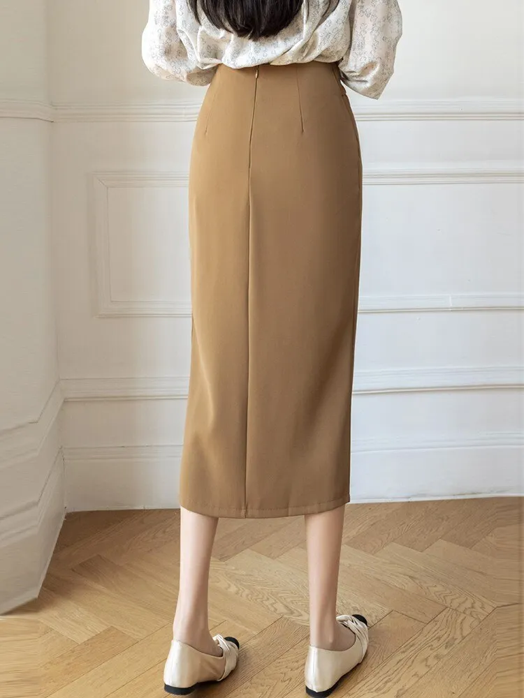 Fashionkova High Waist Pencil Skirt Women New Arrival 2023 Fashion Korean Style Solid Color Elegant Slim Office Lady Long Skirts W1357