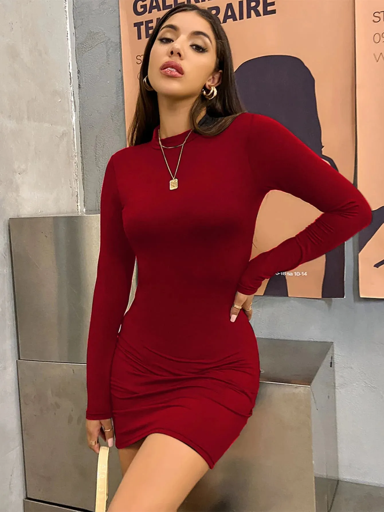 Fashionkova Long Sleeve Slim Bodycon Mini Dress Women Turtleneck Pleated Party Ruched Short Evening Club Outfit Soild Color