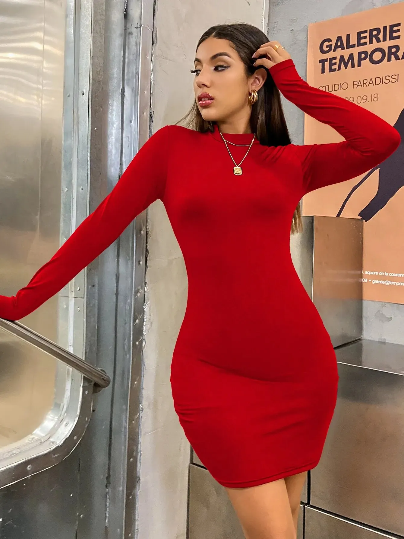 Fashionkova Long Sleeve Slim Bodycon Mini Dress Women Turtleneck Pleated Party Ruched Short Evening Club Outfit Soild Color