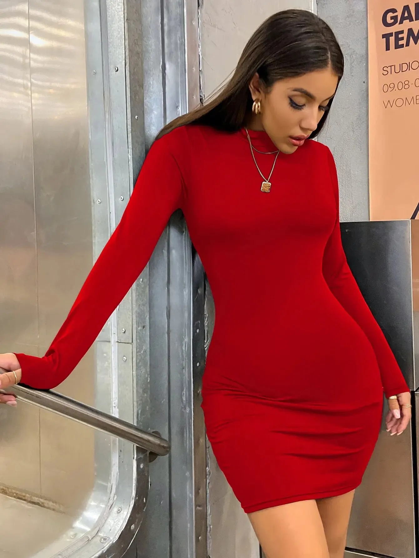 Fashionkova Long Sleeve Slim Bodycon Mini Dress Women Turtleneck Pleated Party Ruched Short Evening Club Outfit Soild Color