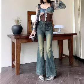 Fashionkova y2k American Retro Distressed Jeans Women's Stitching Slim-Fit Slimming Flared Pants Autumn Hot Girl High Waist Wide-Leg Long Pants