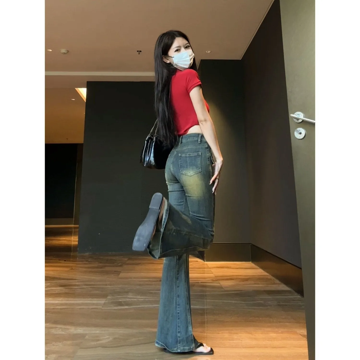 Fashionkova y2k American Retro Distressed Jeans Women's Stitching Slim-Fit Slimming Flared Pants Autumn Hot Girl High Waist Wide-Leg Long Pants