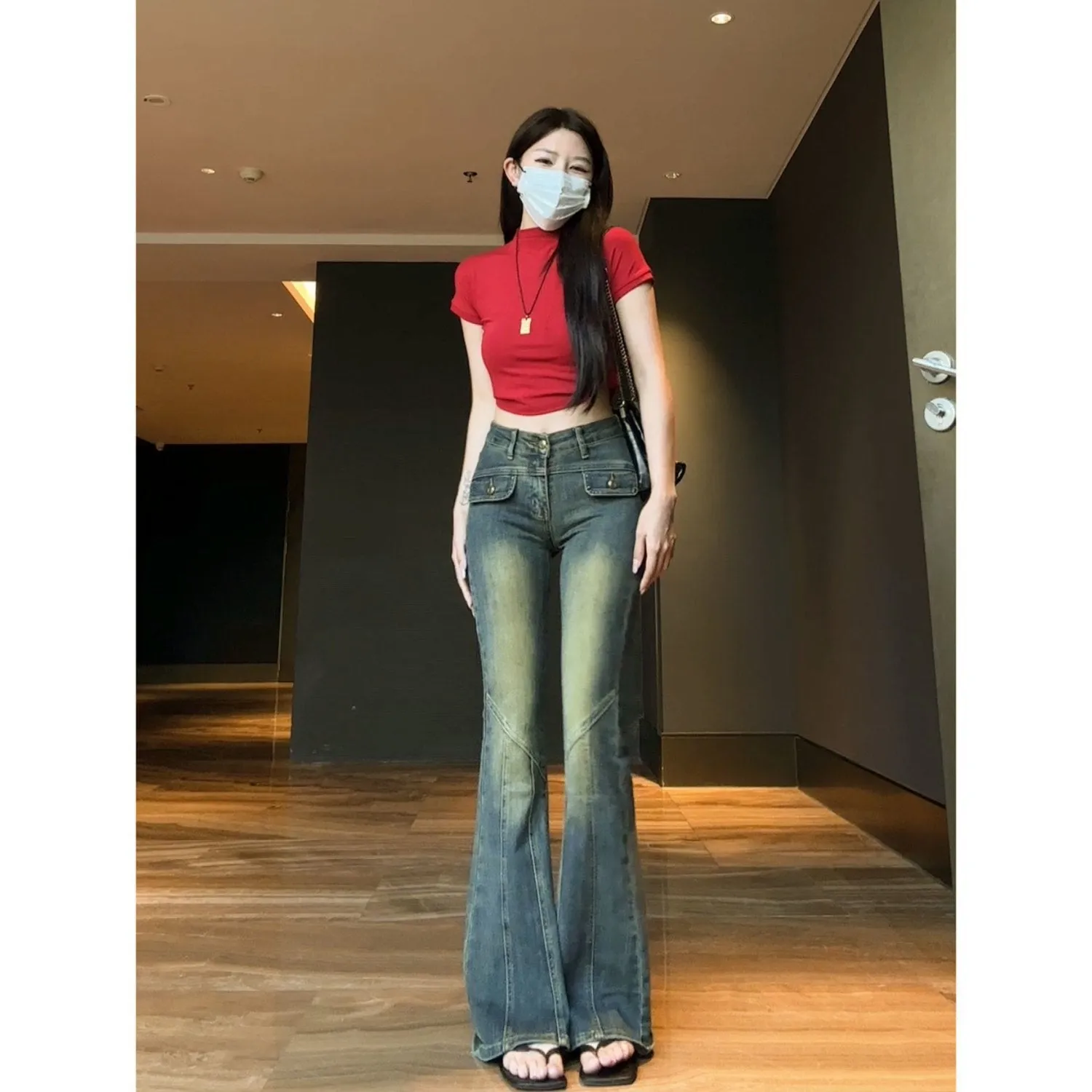 Fashionkova y2k American Retro Distressed Jeans Women's Stitching Slim-Fit Slimming Flared Pants Autumn Hot Girl High Waist Wide-Leg Long Pants