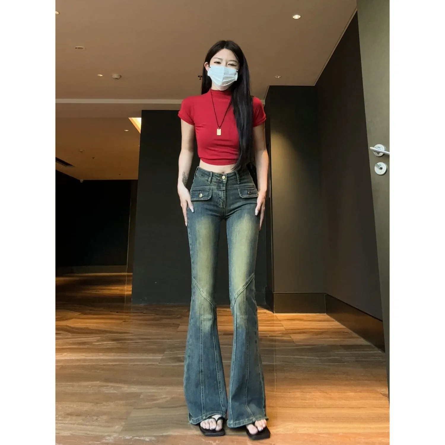 Fashionkova y2k American Retro Distressed Jeans Women's Stitching Slim-Fit Slimming Flared Pants Autumn Hot Girl High Waist Wide-Leg Long Pants