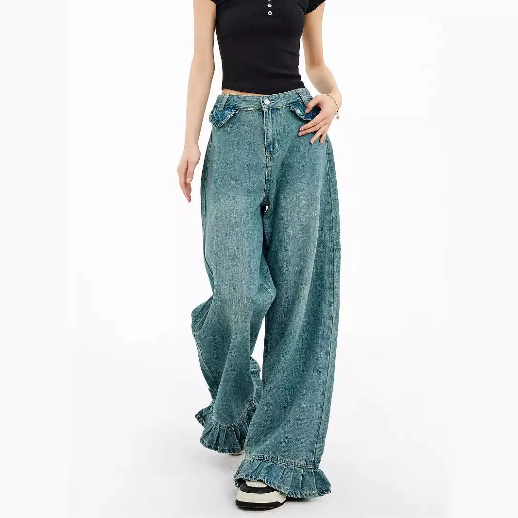 Fashionkova y2k outfits American Retro Jeans Women's Design Sense Niche Lace Loose Slimming Straight Mop Wide-Leg Pants 863dd