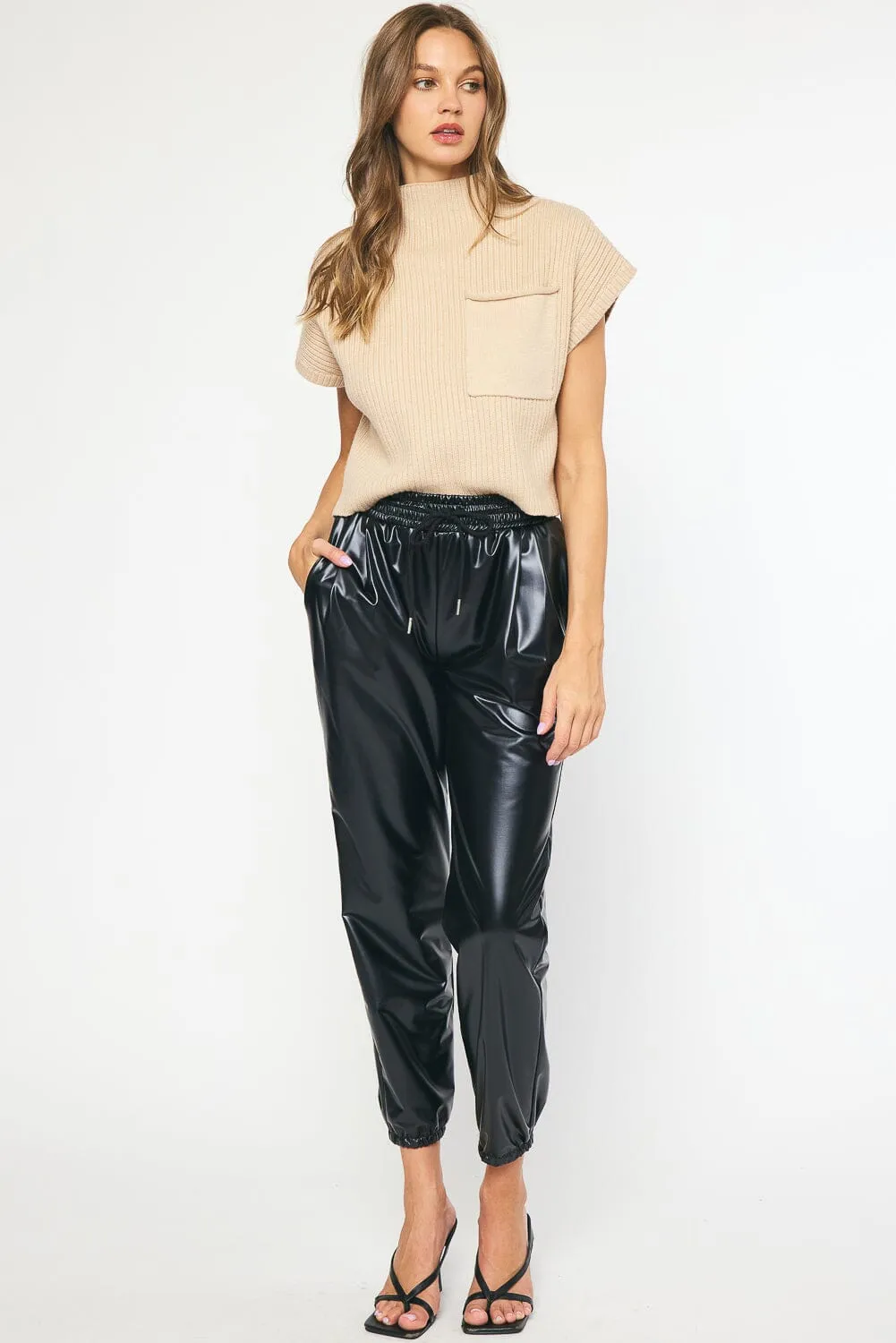 FAUX LEATHER DRAW STRING BLACK JOGGER