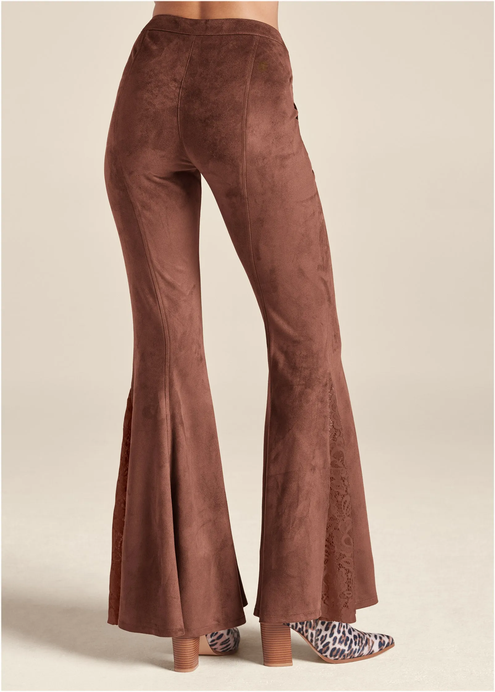 Faux Suede Flare Pants - Brown Multi