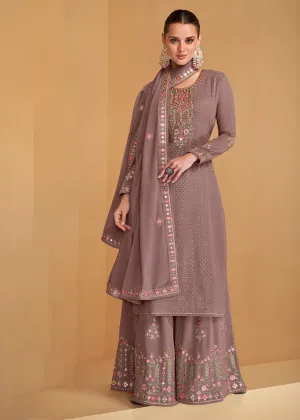 Festive Look Mauve Grey Floral Embroidered Palazzo Style Suit