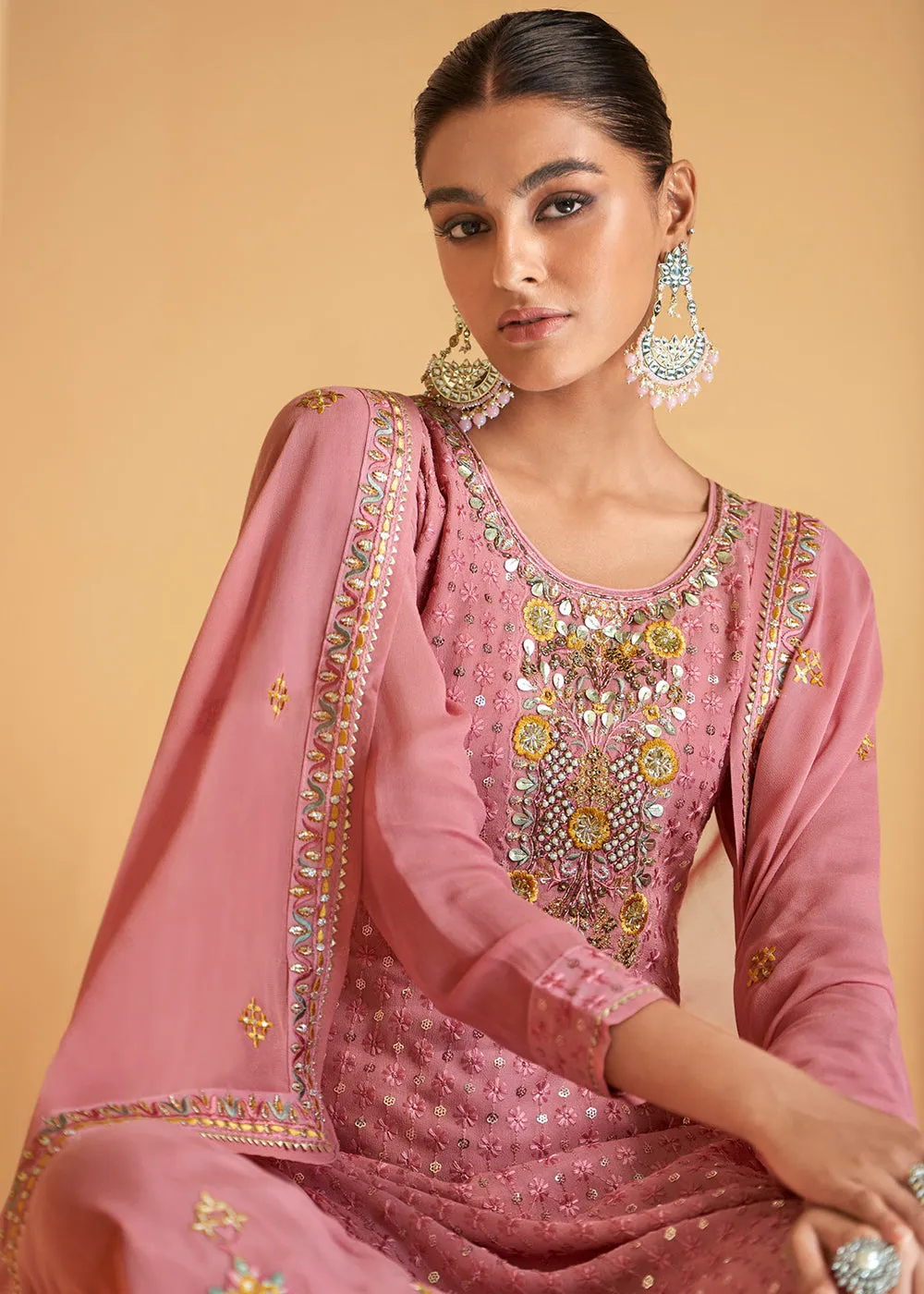 Festive Look Pink Floral Embroidered Palazzo Style Suit