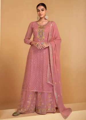 Festive Look Pink Floral Embroidered Palazzo Style Suit