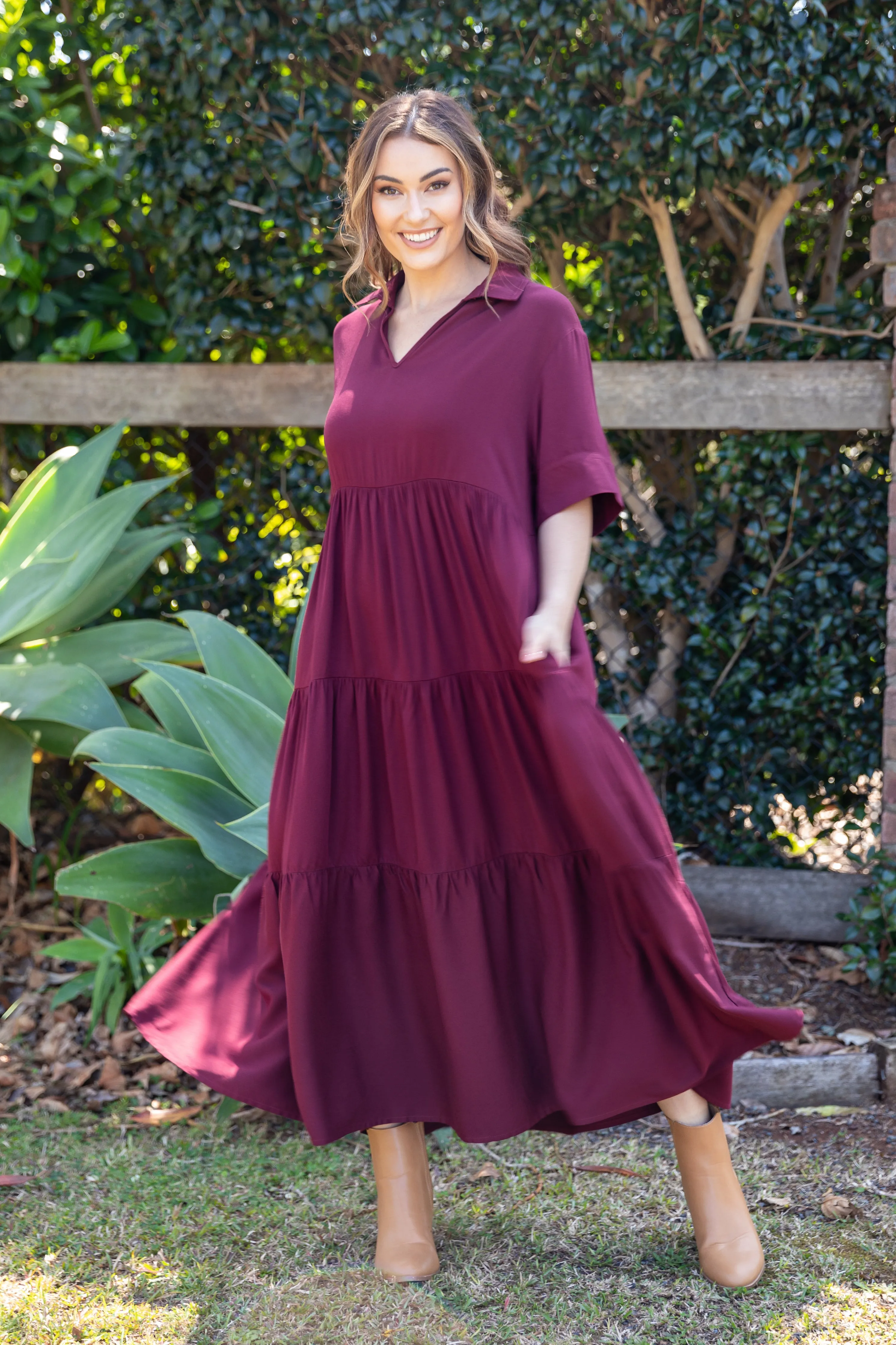 FINAL SALE Serenity Ruffle Maxi Dress in Burgundy