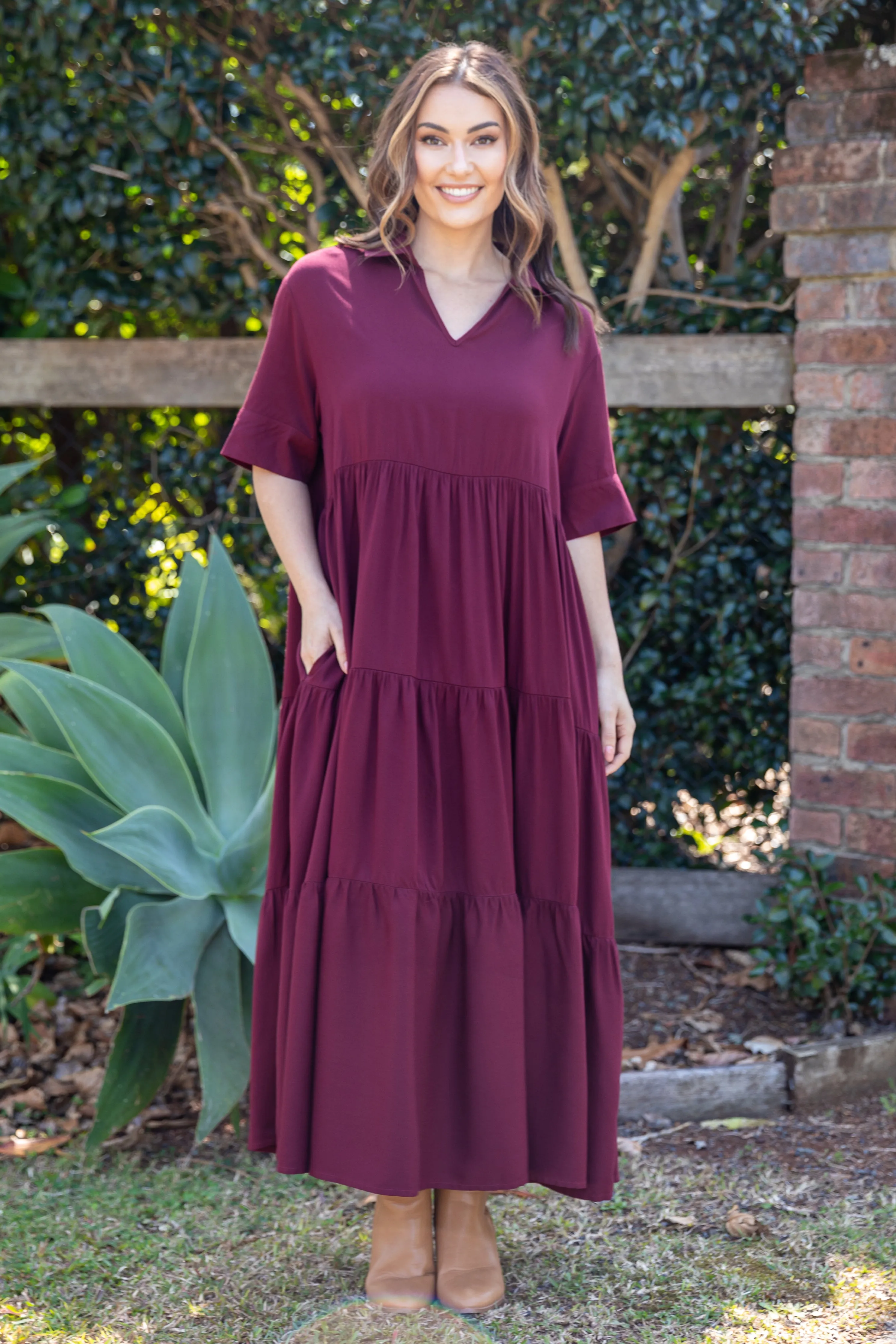 FINAL SALE Serenity Ruffle Maxi Dress in Burgundy