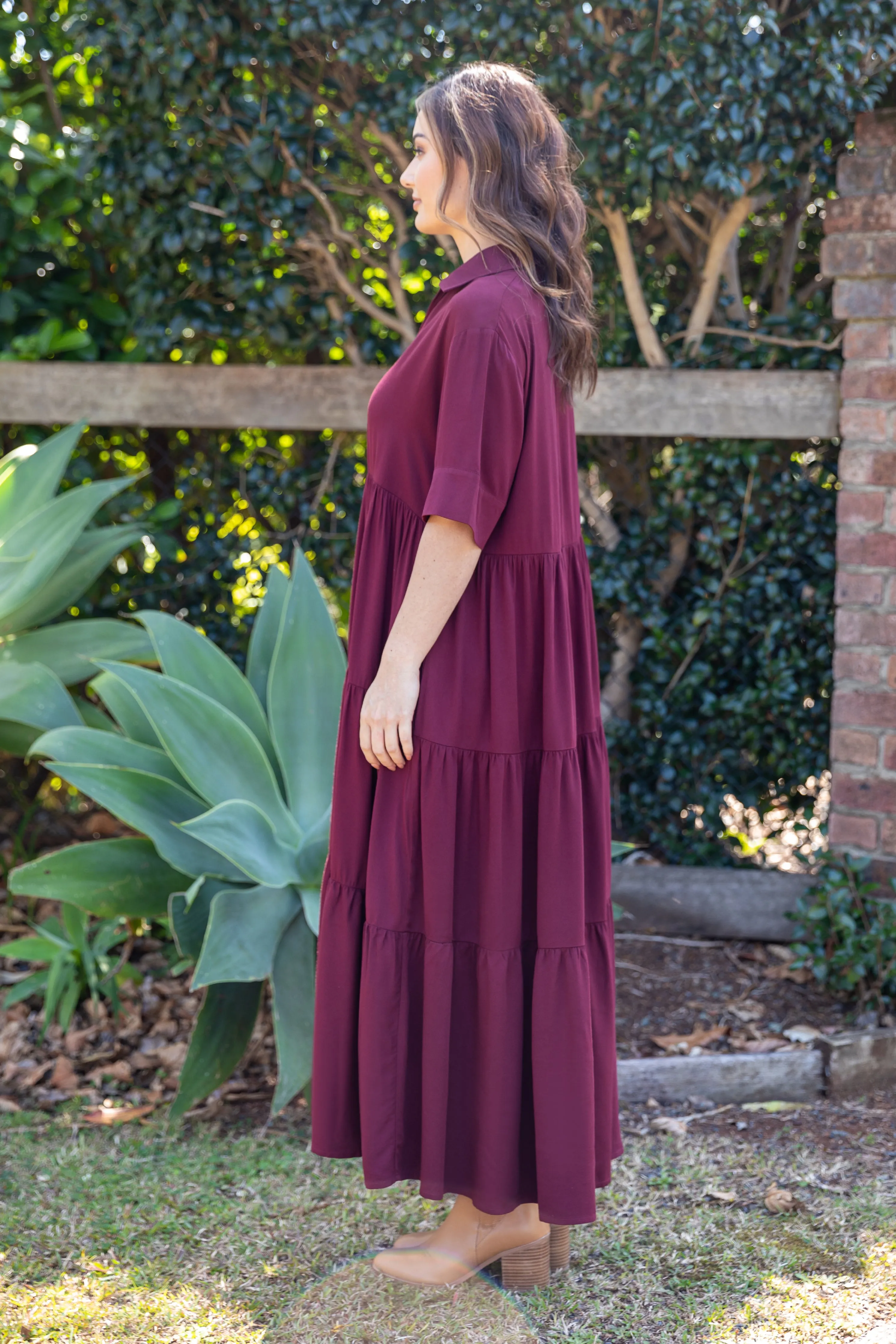 FINAL SALE Serenity Ruffle Maxi Dress in Burgundy