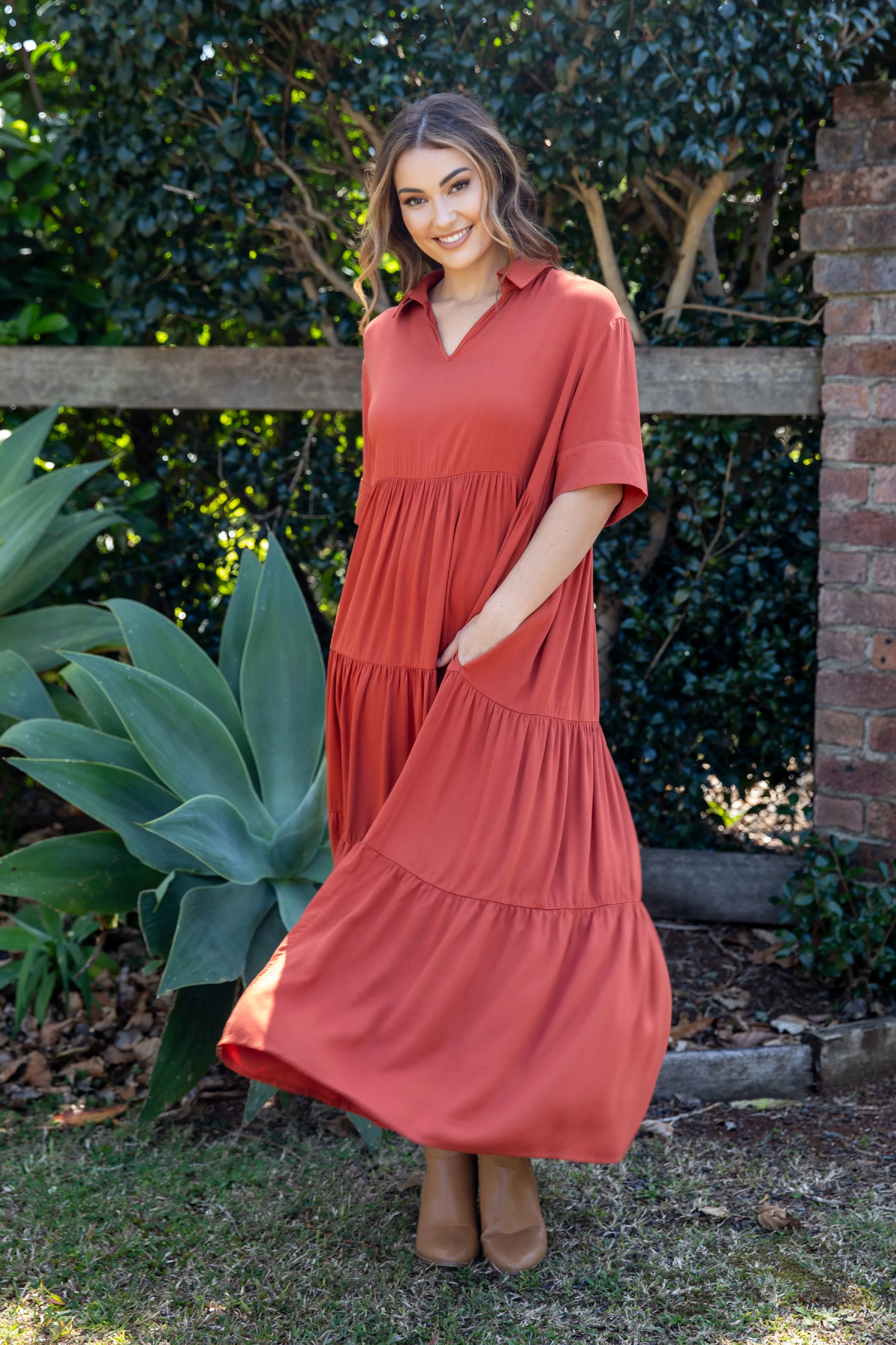 FINAL SALE Serenity Ruffle Maxi Dress in Rust