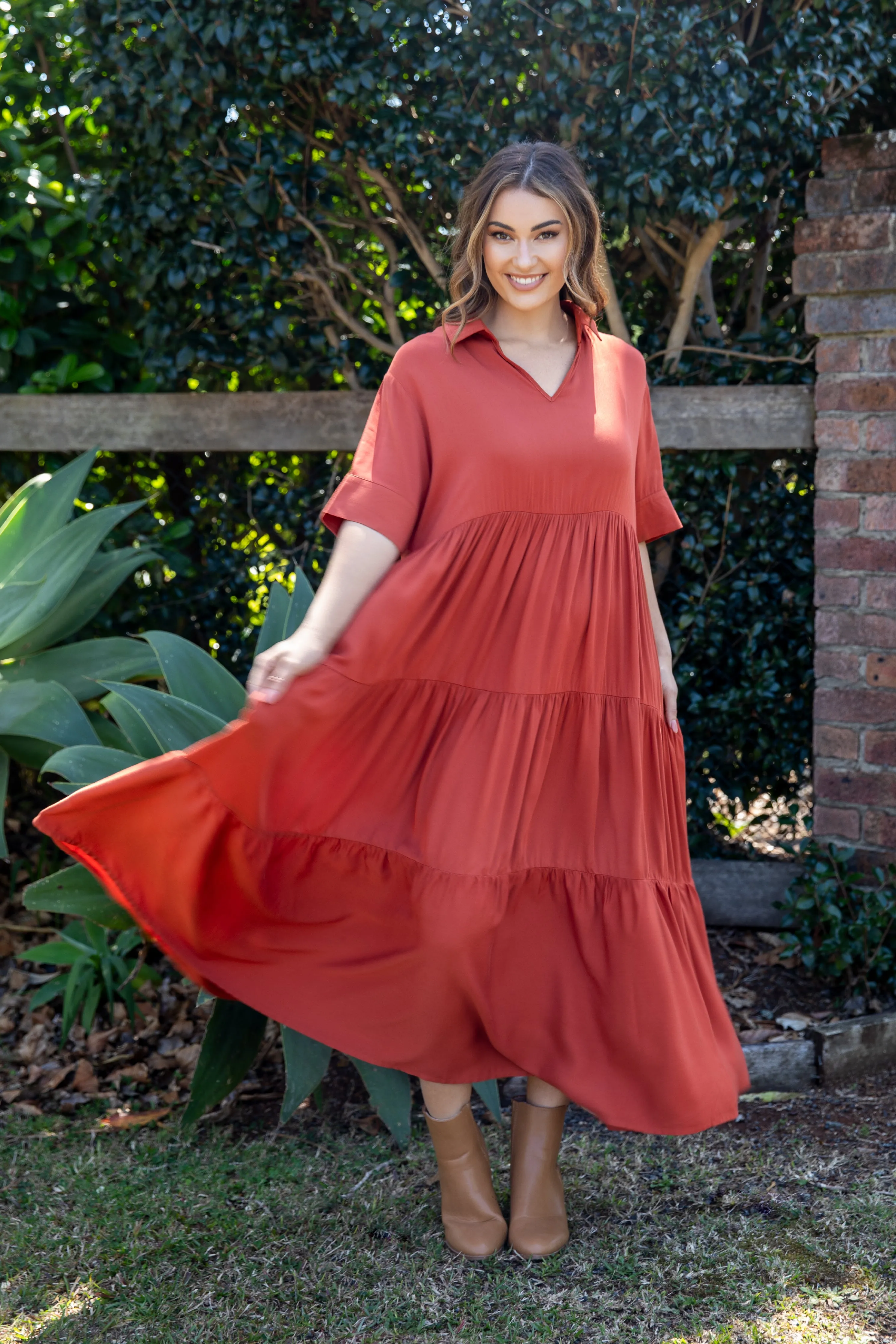 FINAL SALE Serenity Ruffle Maxi Dress in Rust