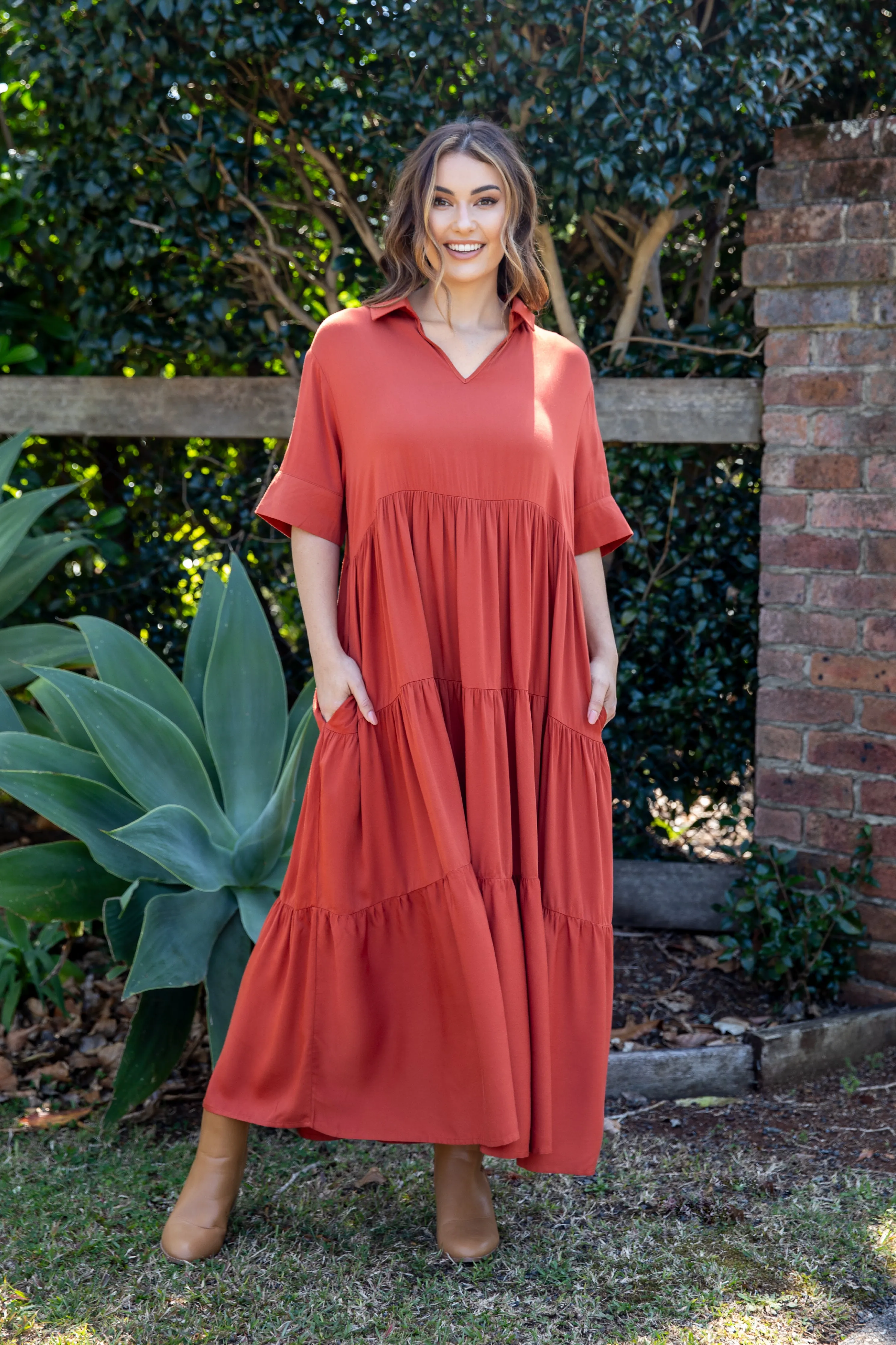 FINAL SALE Serenity Ruffle Maxi Dress in Rust