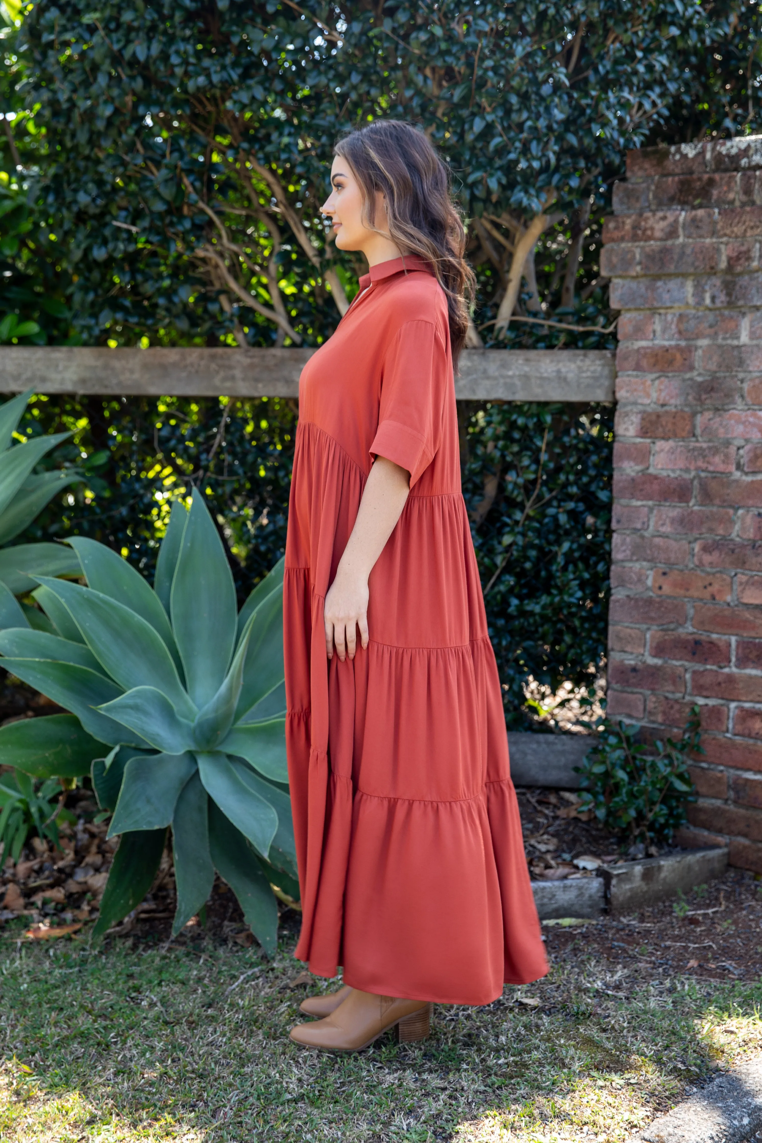 FINAL SALE Serenity Ruffle Maxi Dress in Rust