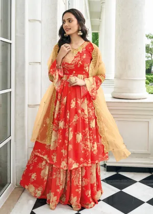 Floral Printed Memorable Red Trendy Sharara Style Suit