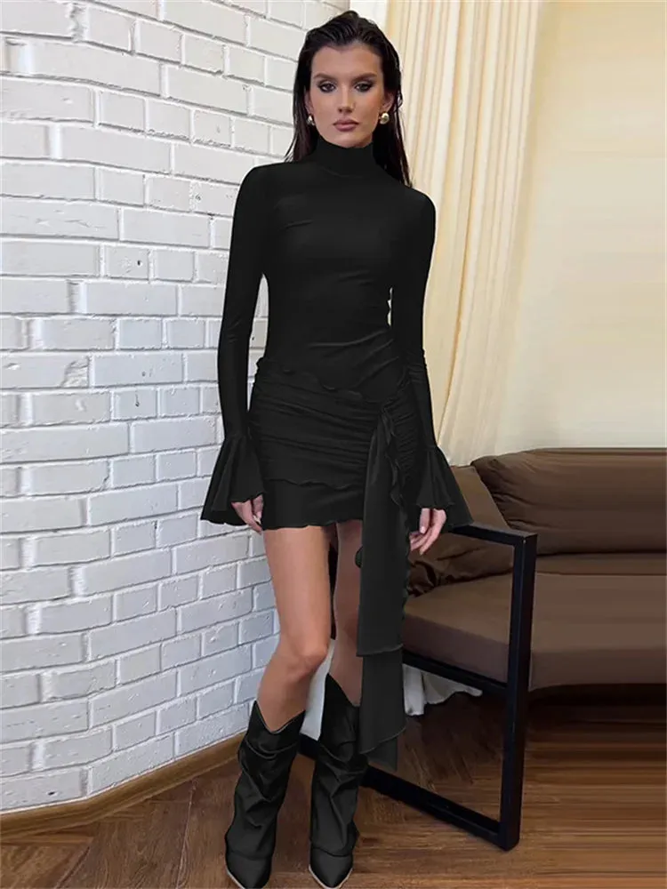 Flytonn Sexy Skinny Ruffled Mini Dress Female Long Sleeve Turtleneck Slim Fashion Tassel Elegant Party Dress Autumn Women's Dress