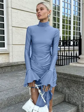 Flytonn Sexy Skinny Ruffled Mini Dress Female Long Sleeve Turtleneck Slim Fashion Tassel Elegant Party Dress Autumn Women's Dress