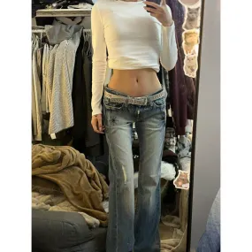 Flytonnshop 2000s fashion American-Style Retro Washed Low Waist Skinny Jeans Women's Worn-out Slim-Fit Slimming Crack Design Heavy-Duty Mopping Pants