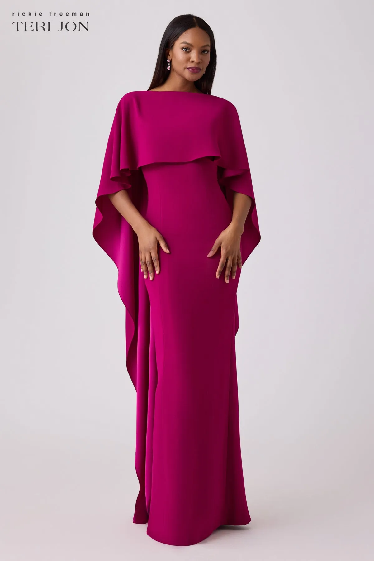 Formal Crepe Gown With Satin Back Capelet