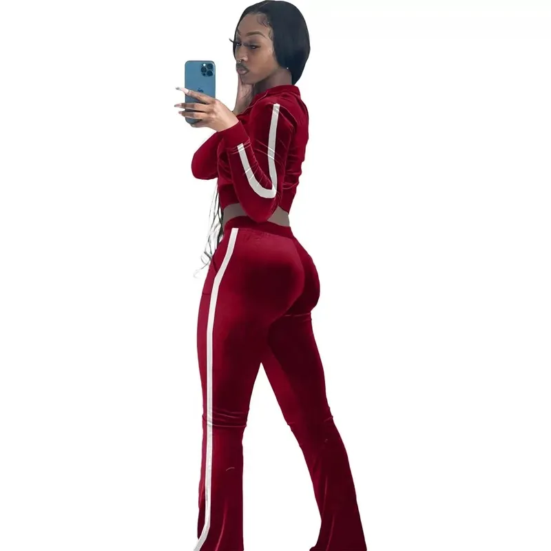 Free  shipping  rib color flared pants velvet set 2PC（FC9357)