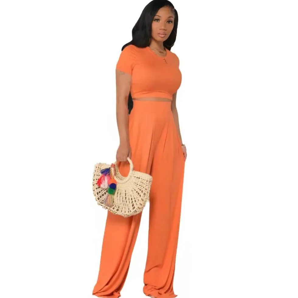 FREE SHIPPING women's casual solid color flared pants suit 2PC(FC8856)