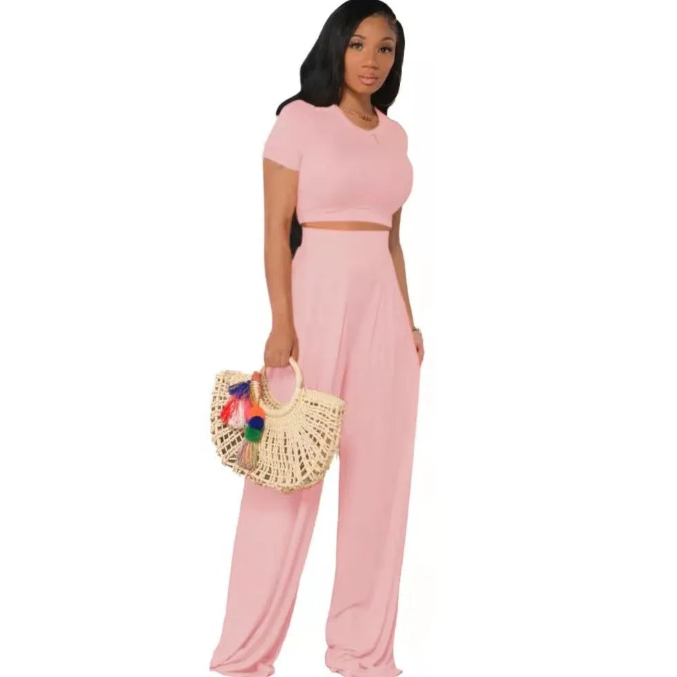 FREE SHIPPING women's casual solid color flared pants suit 2PC(FC8856)